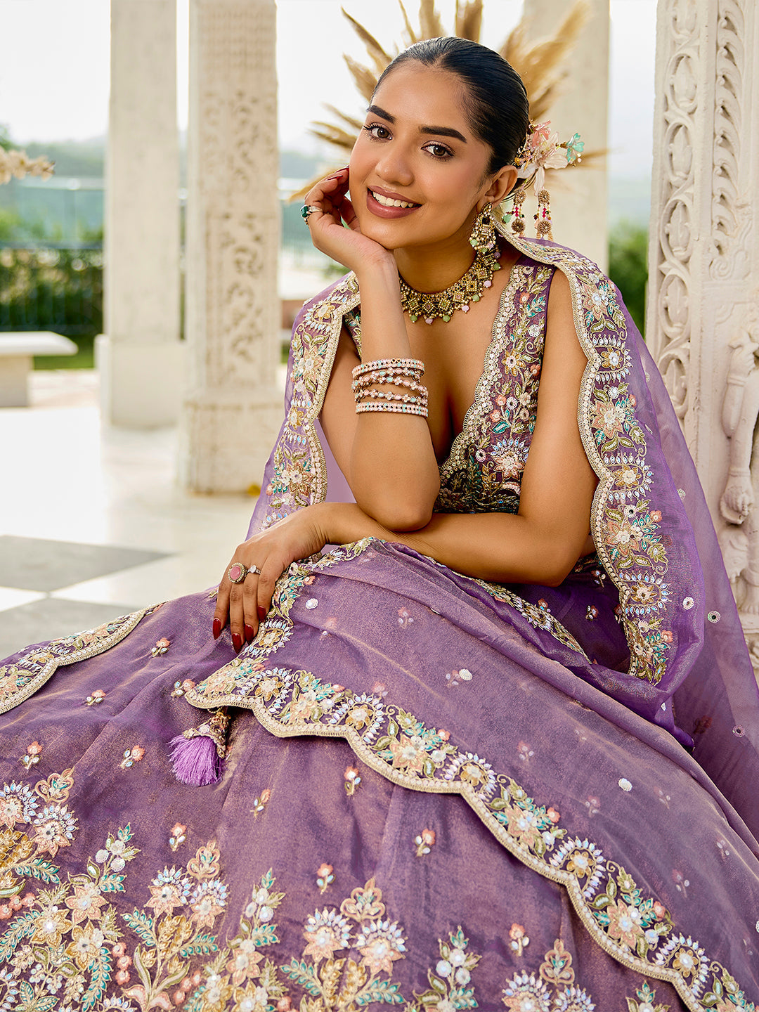 Purple Satin Silk Sequins & Embroidery Lehenga Choli with Ethnic Dupatta – Fully Stitched