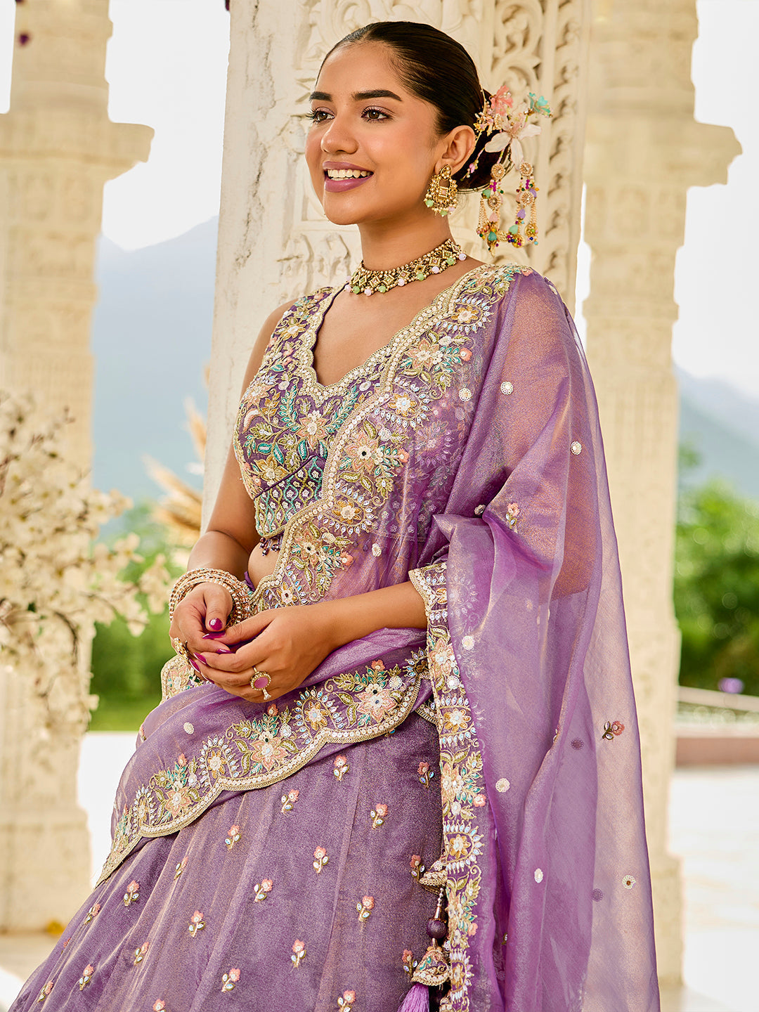 Purple Satin Silk Sequins & Embroidery Lehenga Choli with Ethnic Dupatta – Fully Stitched