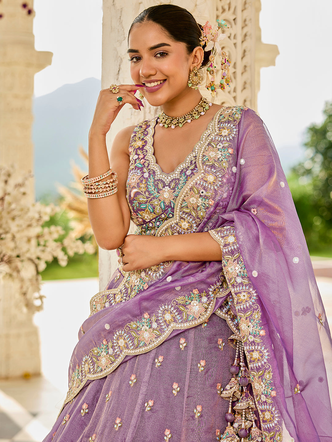 Purple Satin Silk Sequins & Embroidery Lehenga Choli with Ethnic Dupatta – Fully Stitched