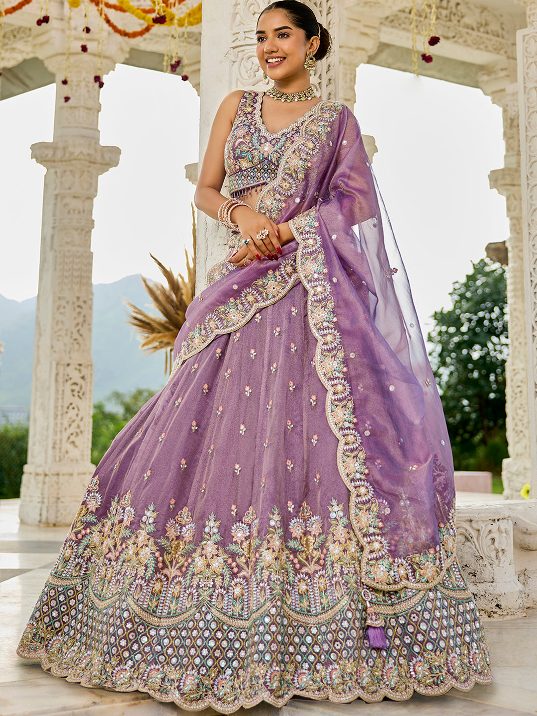 Purple Satin Silk Sequins & Embroidery Lehenga Choli with Ethnic Dupatta – Fully Stitched