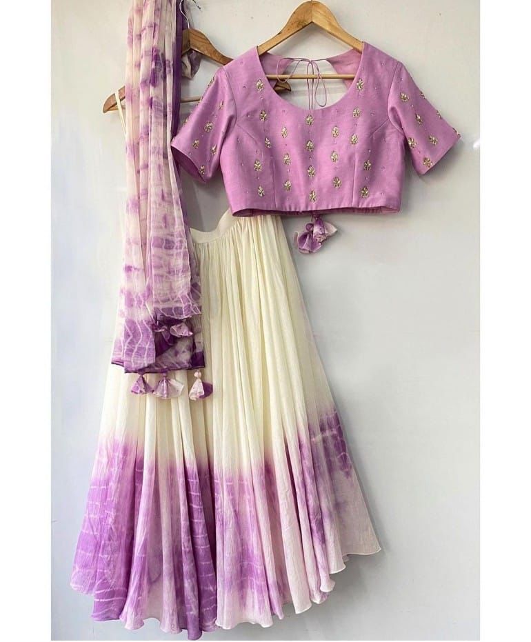 Purple Shibori Marble Dyed Lehenga with Raw Silk Hand Embroidered Blouse In Multi Colors