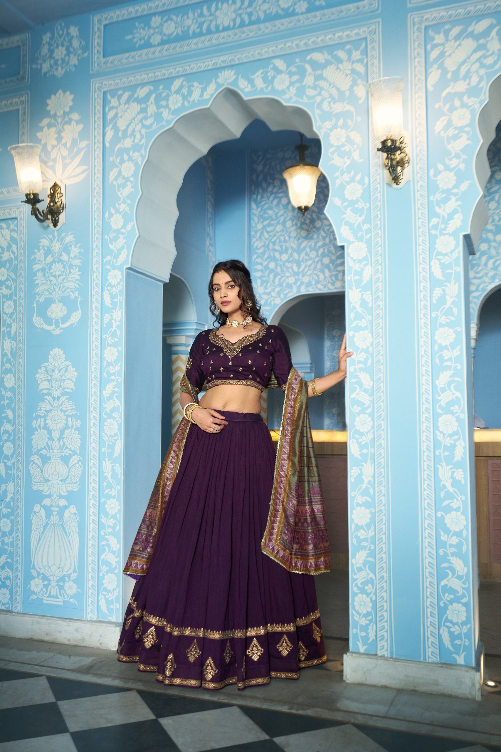 Purple Silk Embroidered Lehenga Set