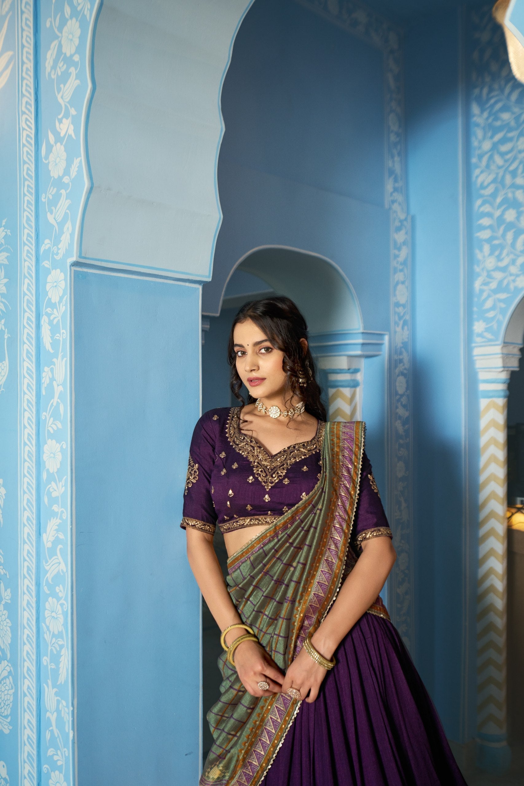 Purple Silk Embroidered Lehenga Set