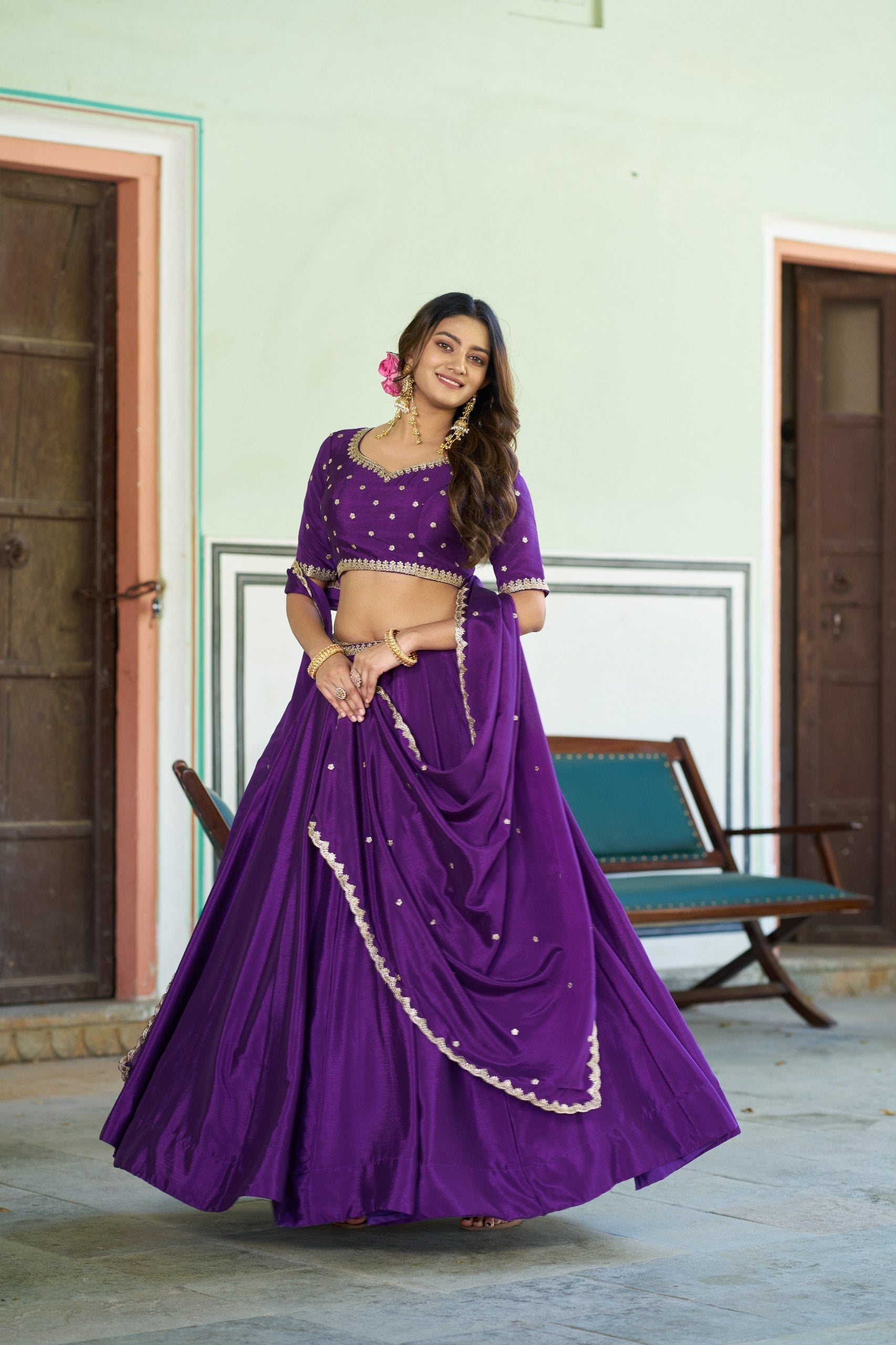 Purple Silk Embroidered Lehenga