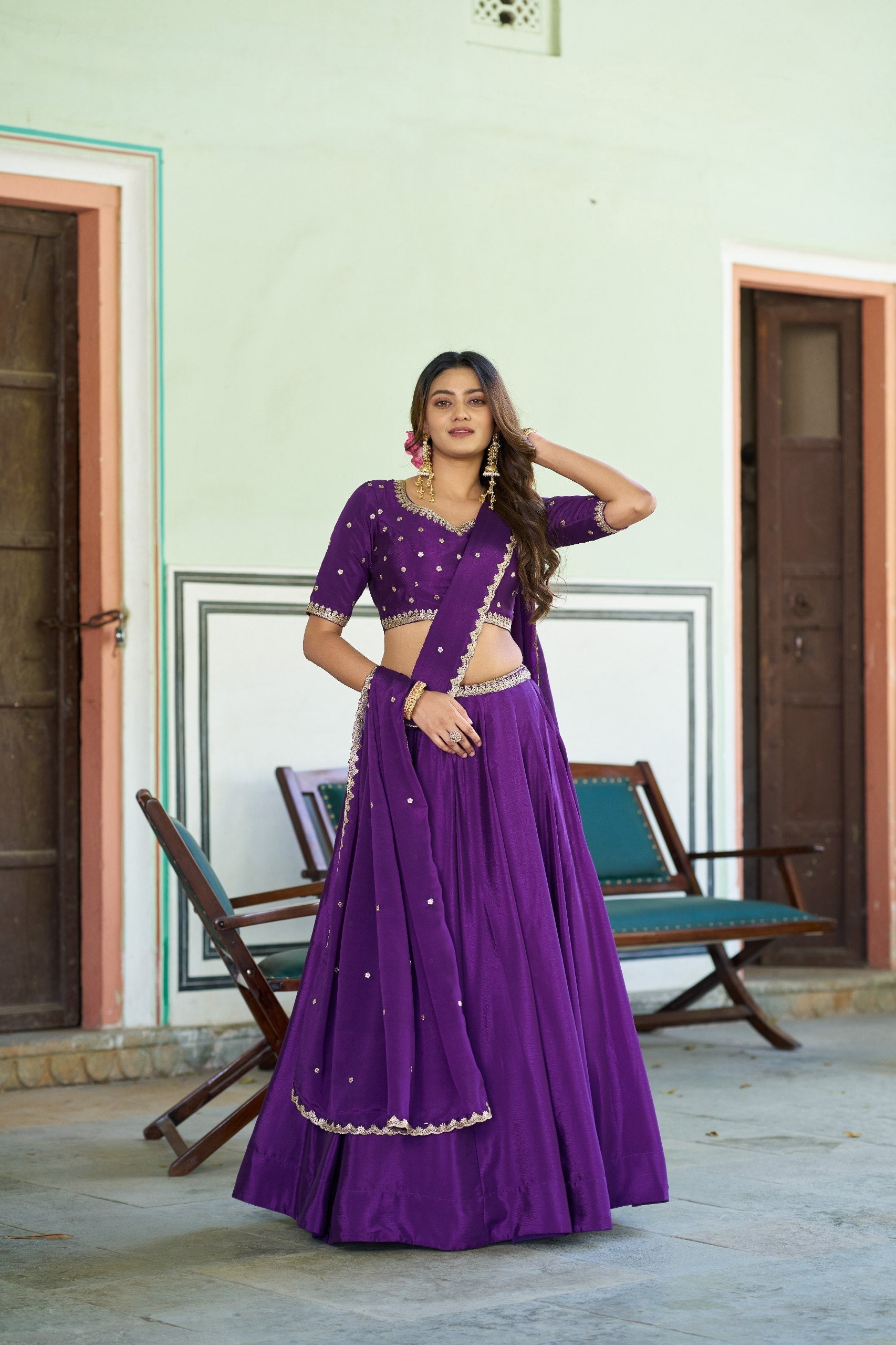 Purple Silk Embroidered Lehenga
