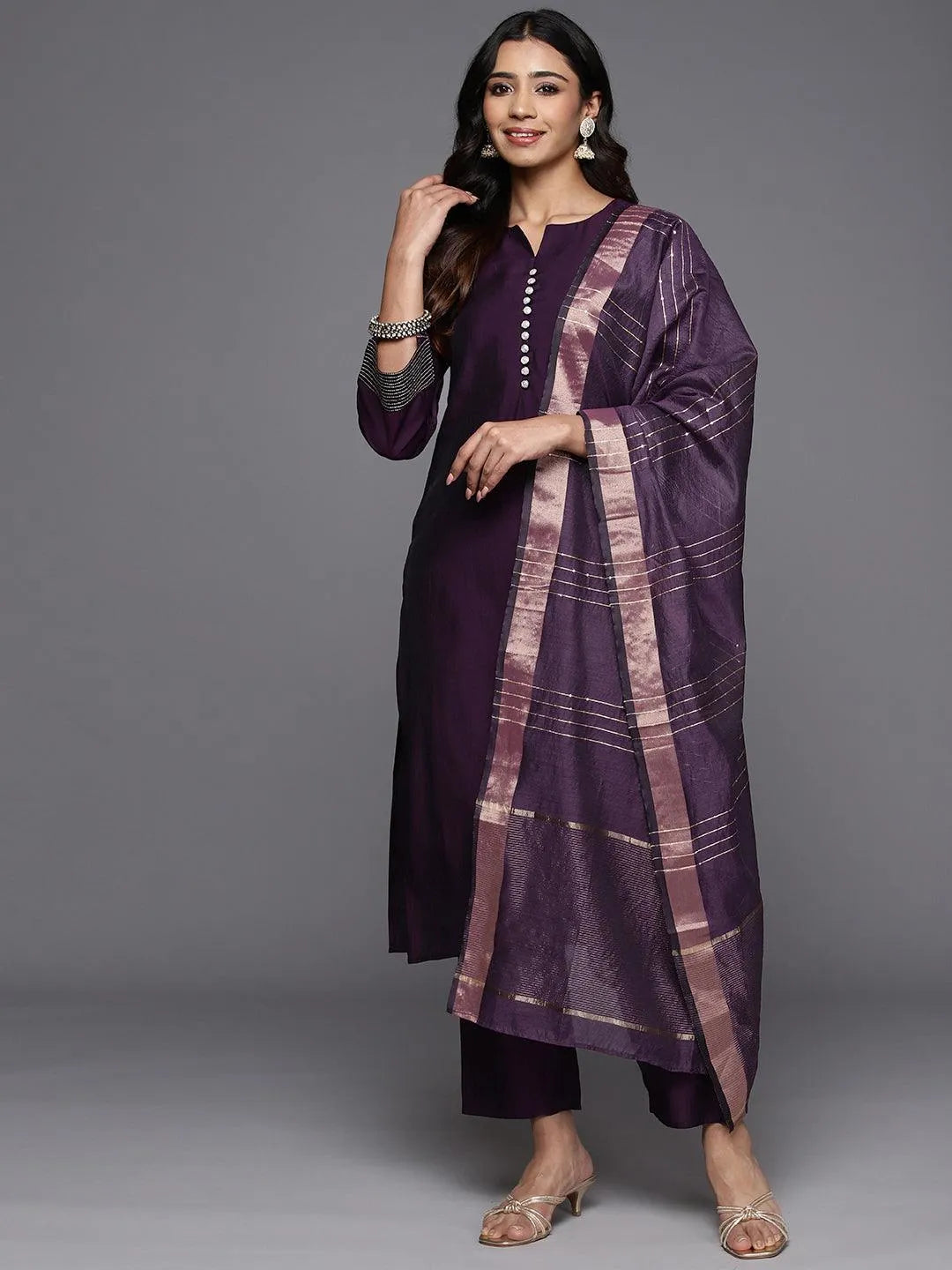 Anouk Purple Solid Silk Blend Straight Suit With Dupatta