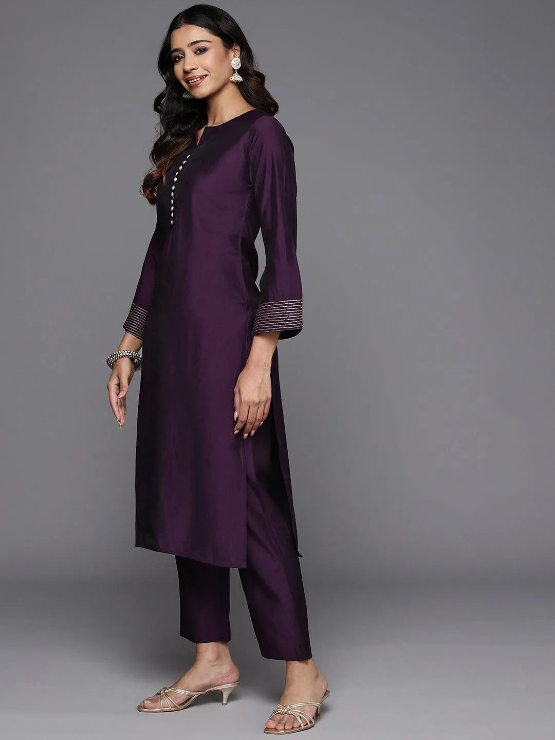 Anouk Purple Solid Silk Blend Straight Suit With Dupatta