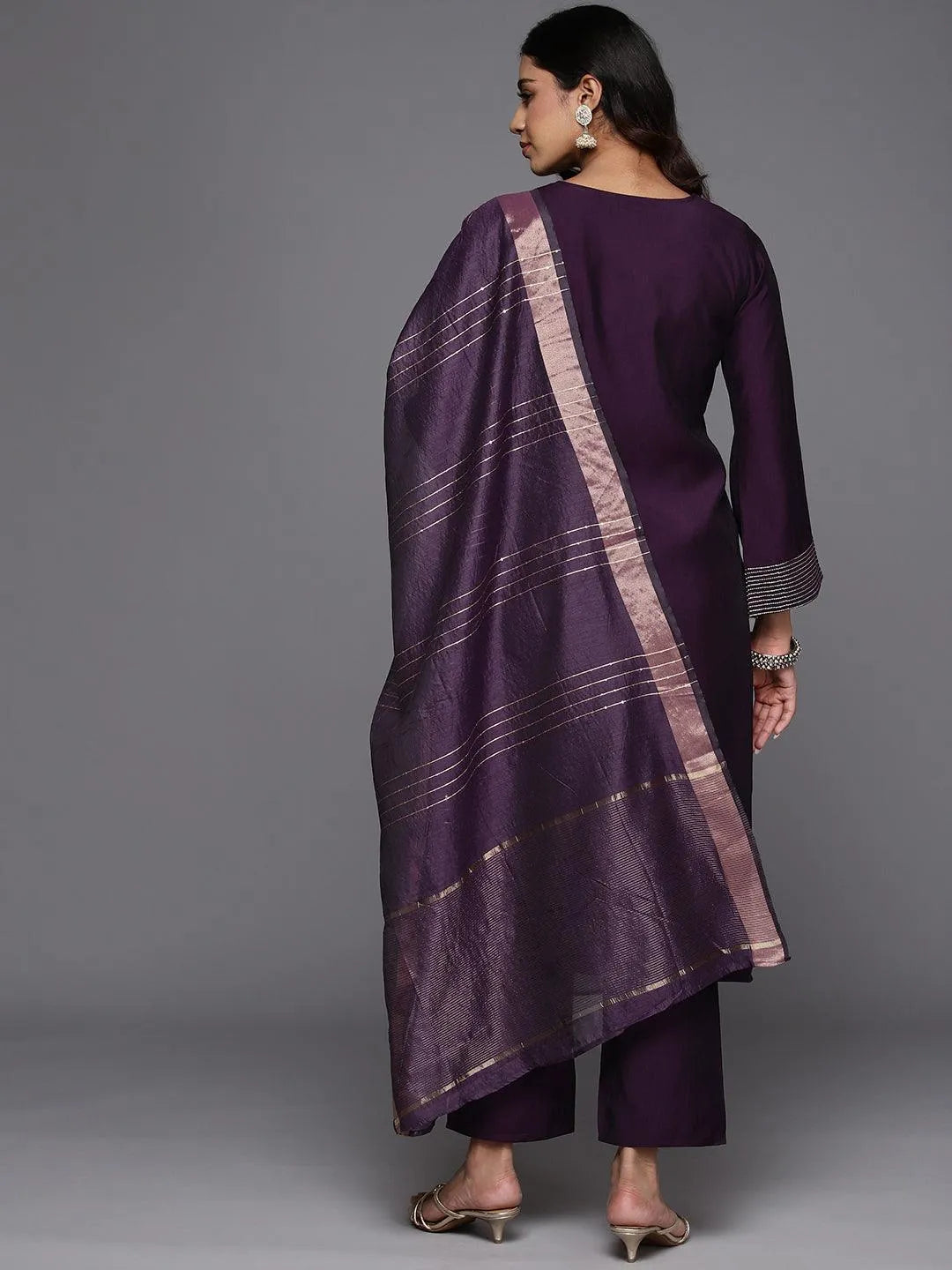 Anouk Purple Solid Silk Blend Straight Suit With Dupatta