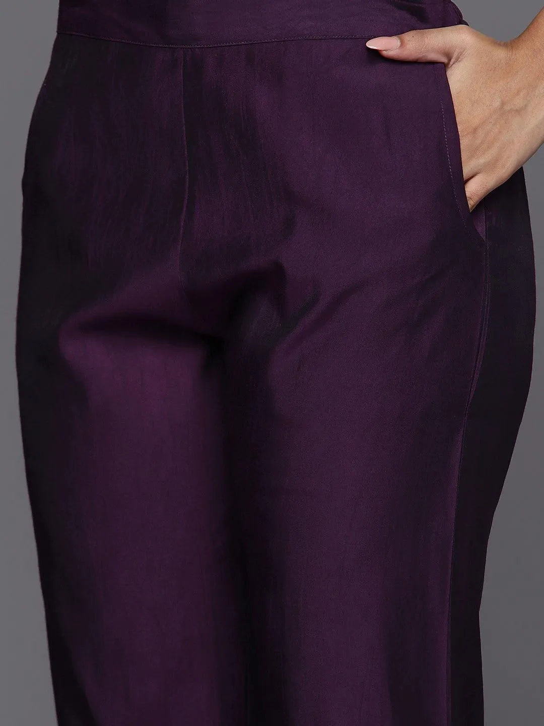 Anouk Purple Solid Silk Blend Straight Suit With Dupatta