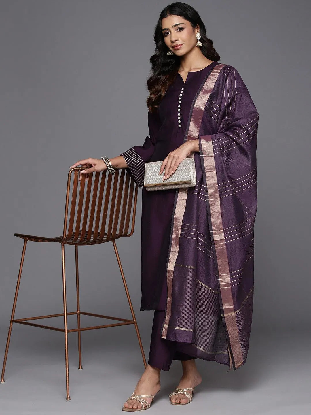 Anouk Purple Solid Silk Blend Straight Suit With Dupatta