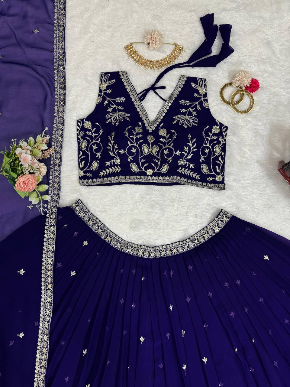 Purple Stunning Faux Georgette Sequin Embroidered Lehenga Choli Set with Lace Border Dupatta