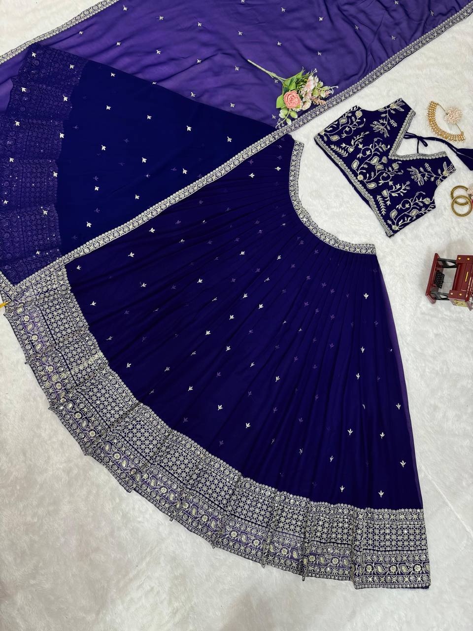 Purple Stunning Faux Georgette Sequin Embroidered Lehenga Choli Set with Lace Border Dupatta