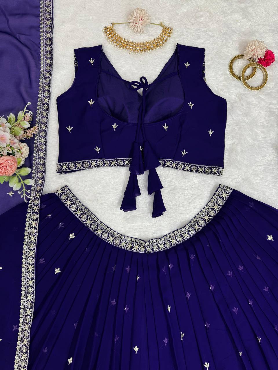 Purple Stunning Faux Georgette Sequin Embroidered Lehenga Choli Set with Lace Border Dupatta