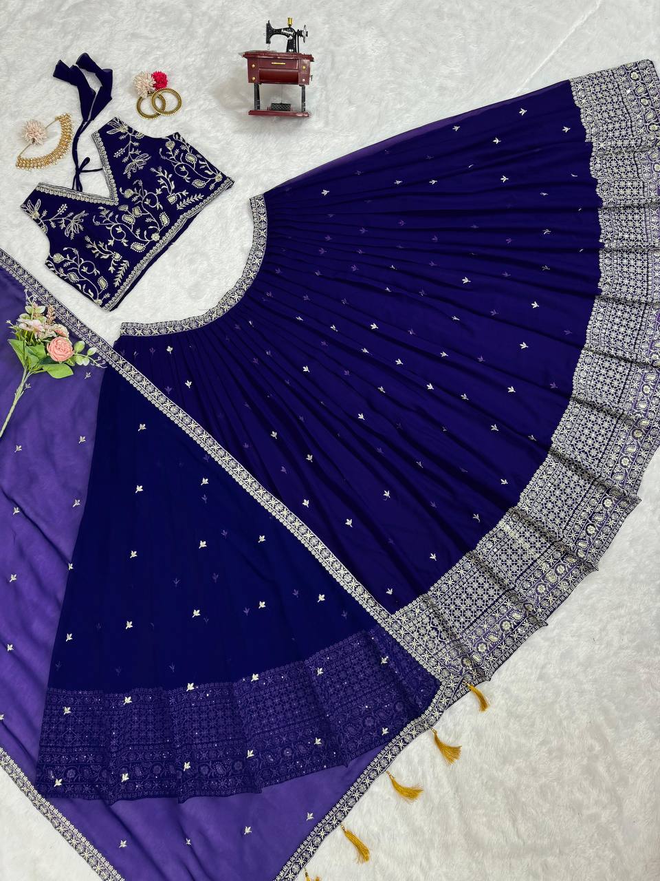 Purple Stunning Faux Georgette Sequin Embroidered Lehenga Choli Set with Lace Border Dupatta