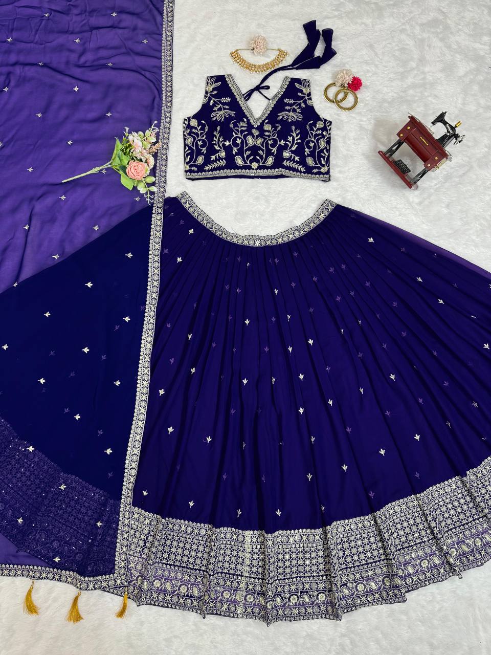 Purple Stunning Faux Georgette Sequin Embroidered Lehenga Choli Set with Lace Border Dupatta