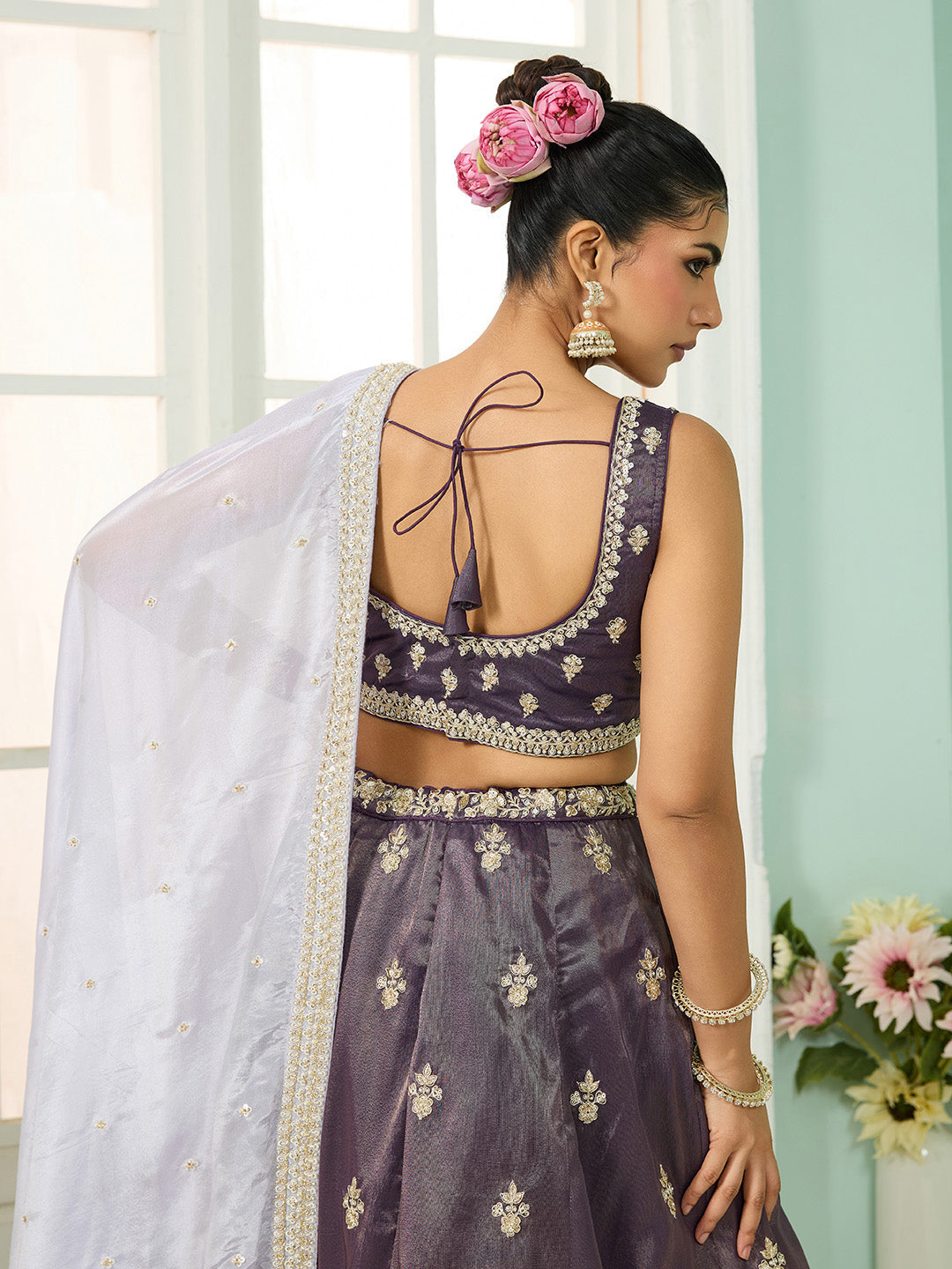 Purple Tissue Lehenga Choli with Matching Dupatta – Moti, Sequin & Thread Embroidery Work Semi-Stitched Bridal & Festive Wear