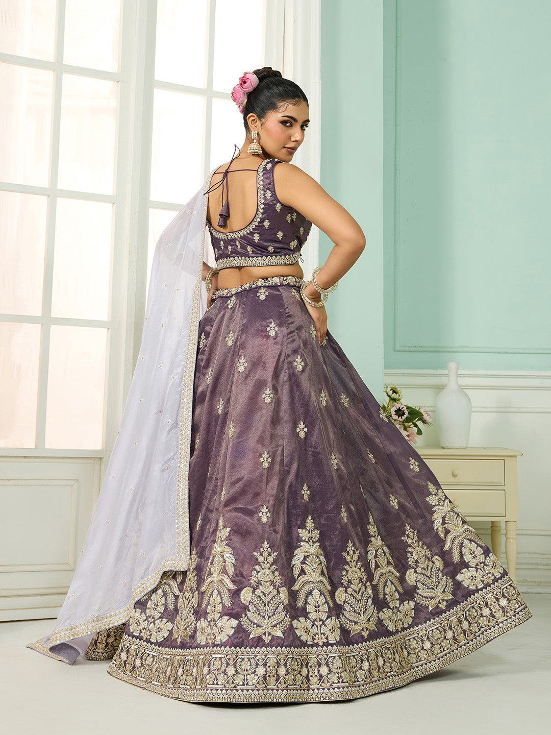 Purple Tissue Lehenga Choli with Matching Dupatta – Moti, Sequin & Thread Embroidery Work Semi-Stitched Bridal & Festive Wear