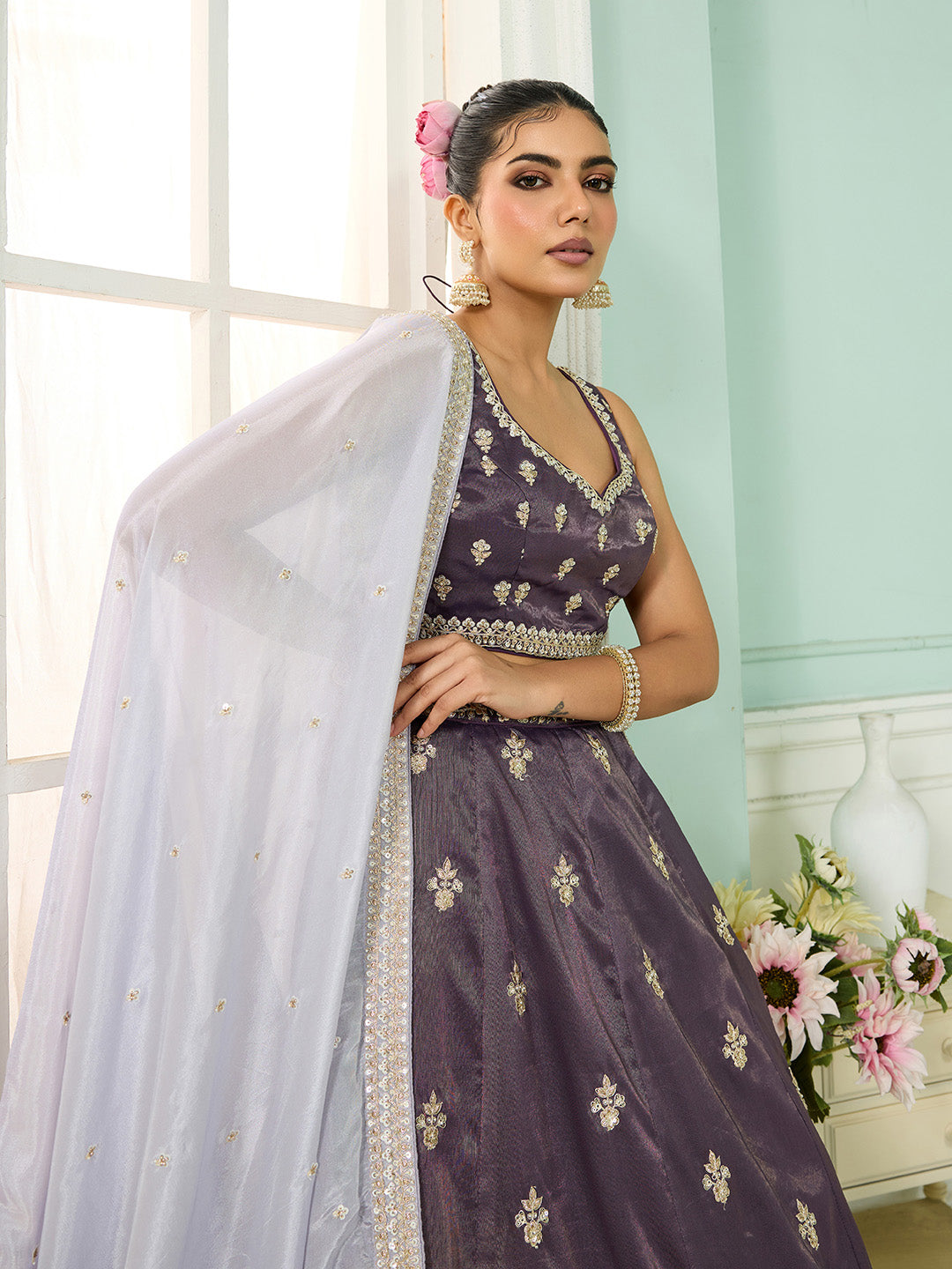Purple Tissue Lehenga Choli with Matching Dupatta – Moti, Sequin & Thread Embroidery Work Semi-Stitched Bridal & Festive Wear