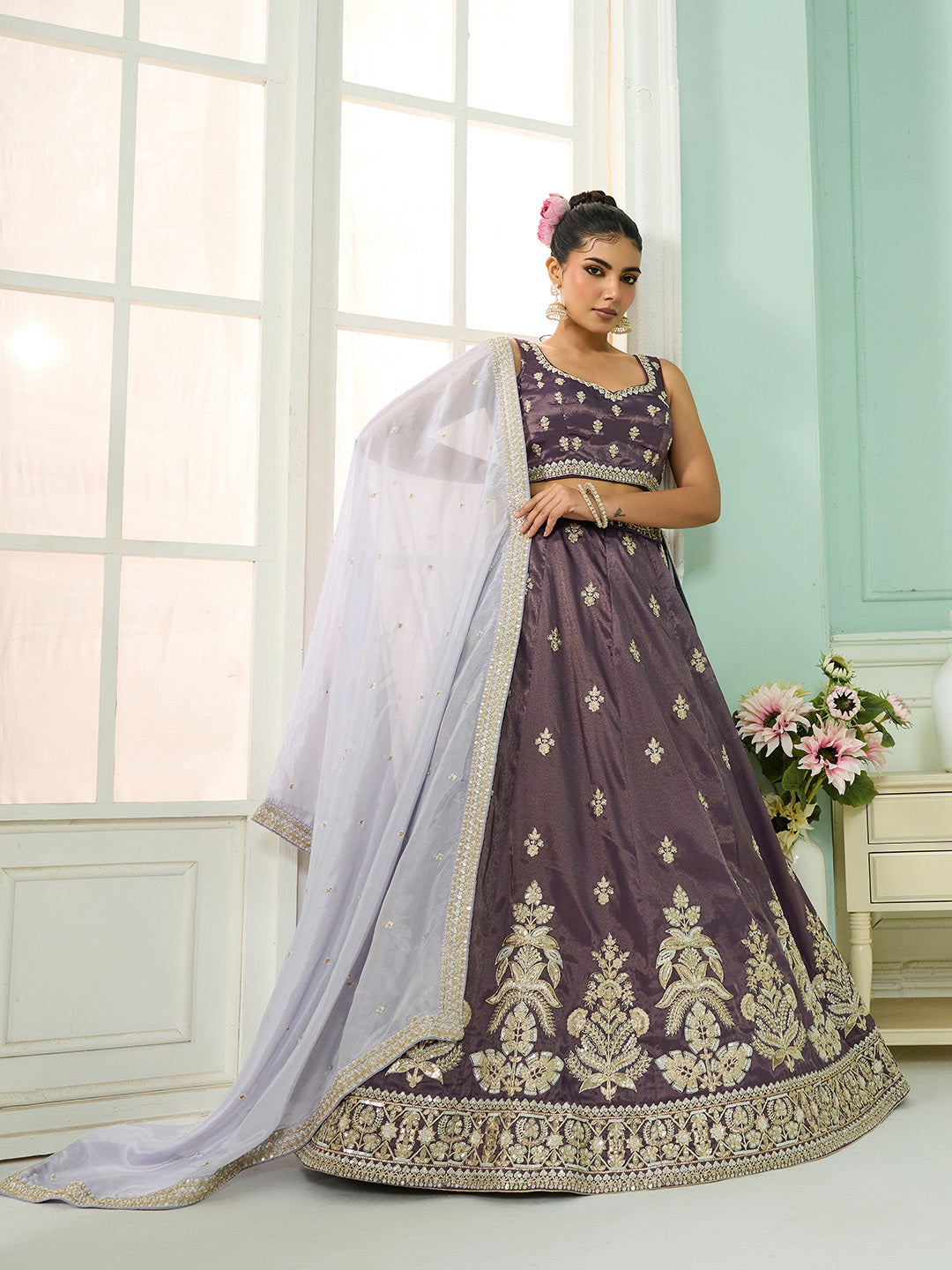 Purple Tissue Lehenga Choli with Matching Dupatta – Moti, Sequin & Thread Embroidery Work Semi-Stitched Bridal & Festive Wear