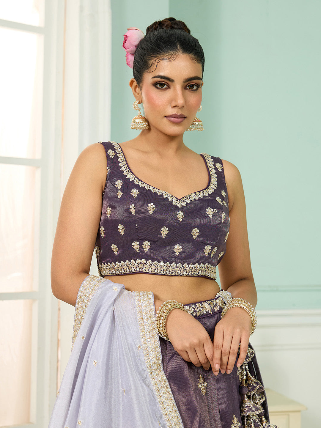 Purple Tissue Lehenga Choli with Matching Dupatta – Moti, Sequin & Thread Embroidery Work Semi-Stitched Bridal & Festive Wear