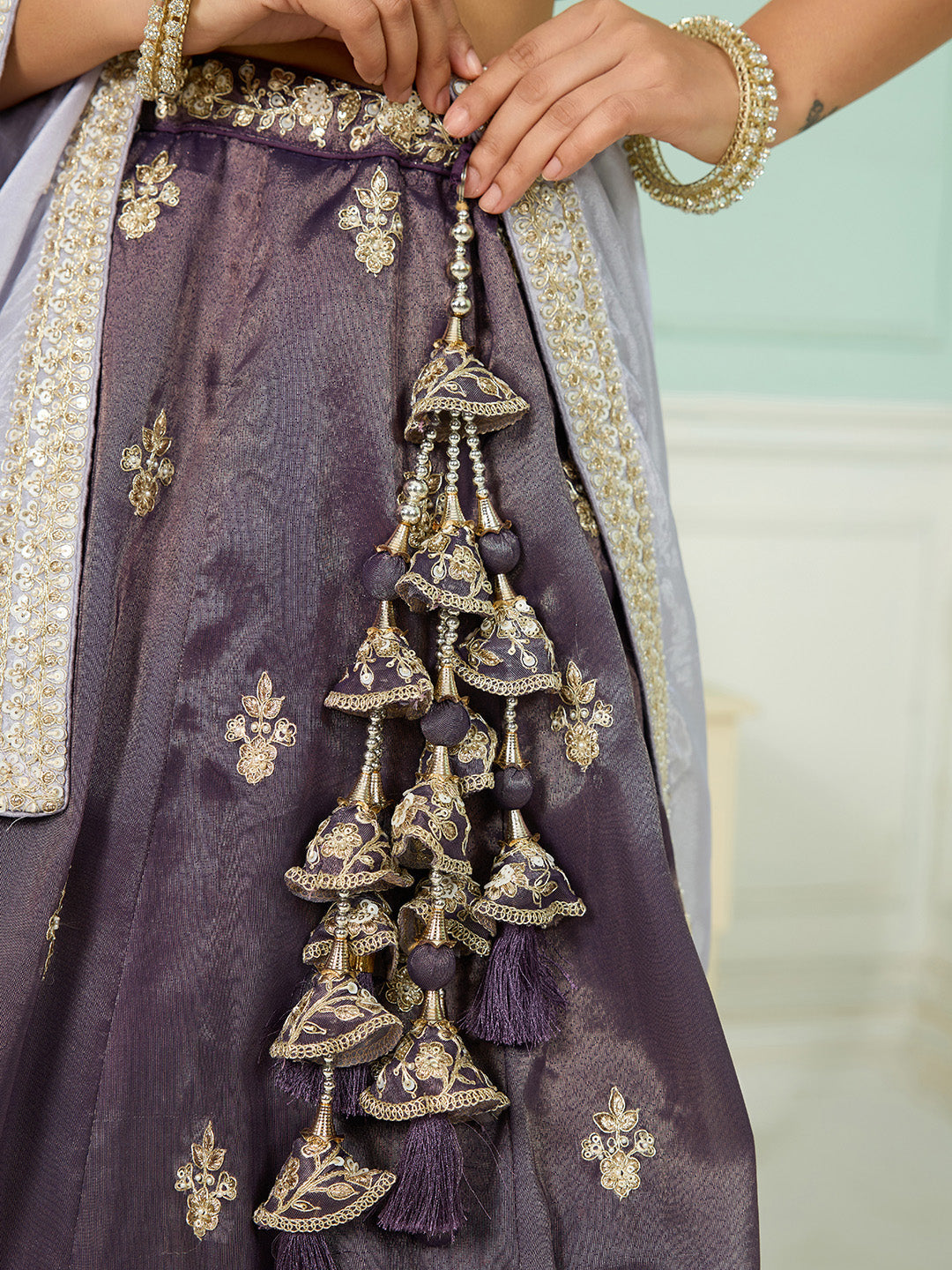Purple Tissue Lehenga Choli with Matching Dupatta – Moti, Sequin & Thread Embroidery Work Semi-Stitched Bridal & Festive Wear