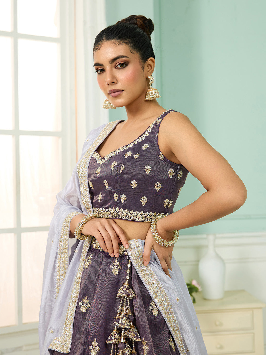Purple Tissue Lehenga Choli with Matching Dupatta – Moti, Sequin & Thread Embroidery Work Semi-Stitched Bridal & Festive Wear