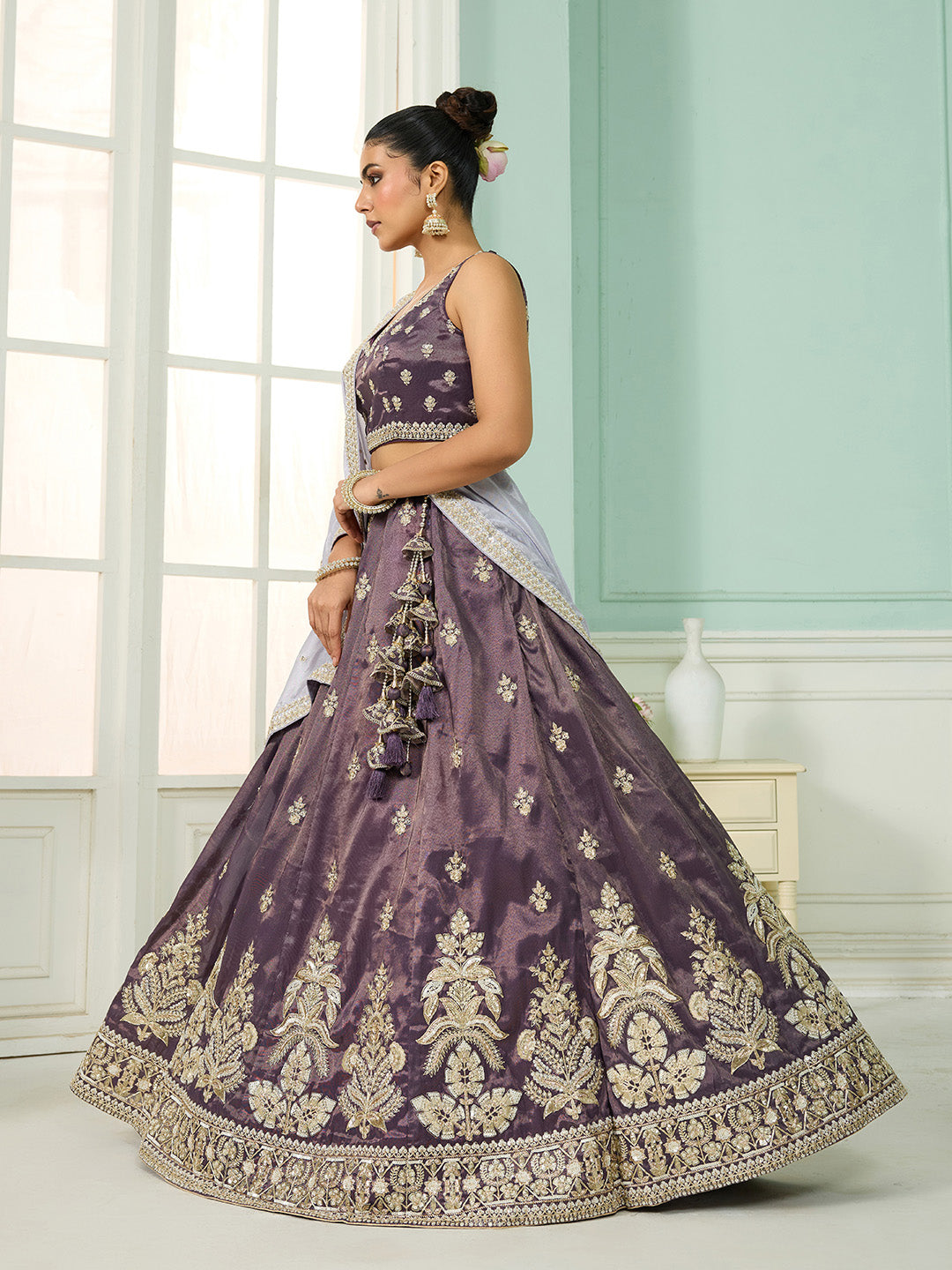 Purple Tissue Lehenga Choli with Matching Dupatta – Moti, Sequin & Thread Embroidery Work Semi-Stitched Bridal & Festive Wear