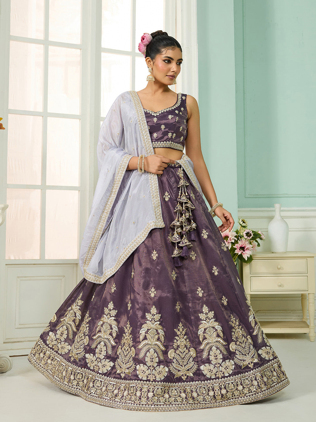Purple Tissue Lehenga Choli with Matching Dupatta – Moti, Sequin & Thread Embroidery Work Semi-Stitched Bridal & Festive Wear