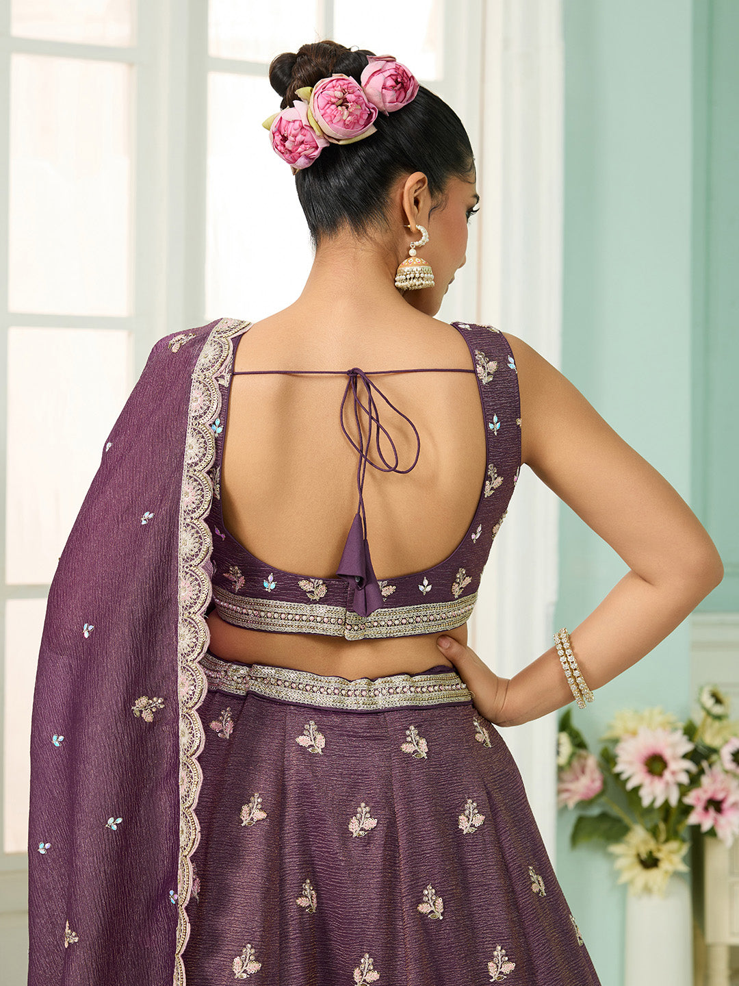 Purple Tissue Lehenga Choli with Sequins, Stones & Thread Embroidery – Full-Flared Semi-Stitched Lehenga with Dupatta