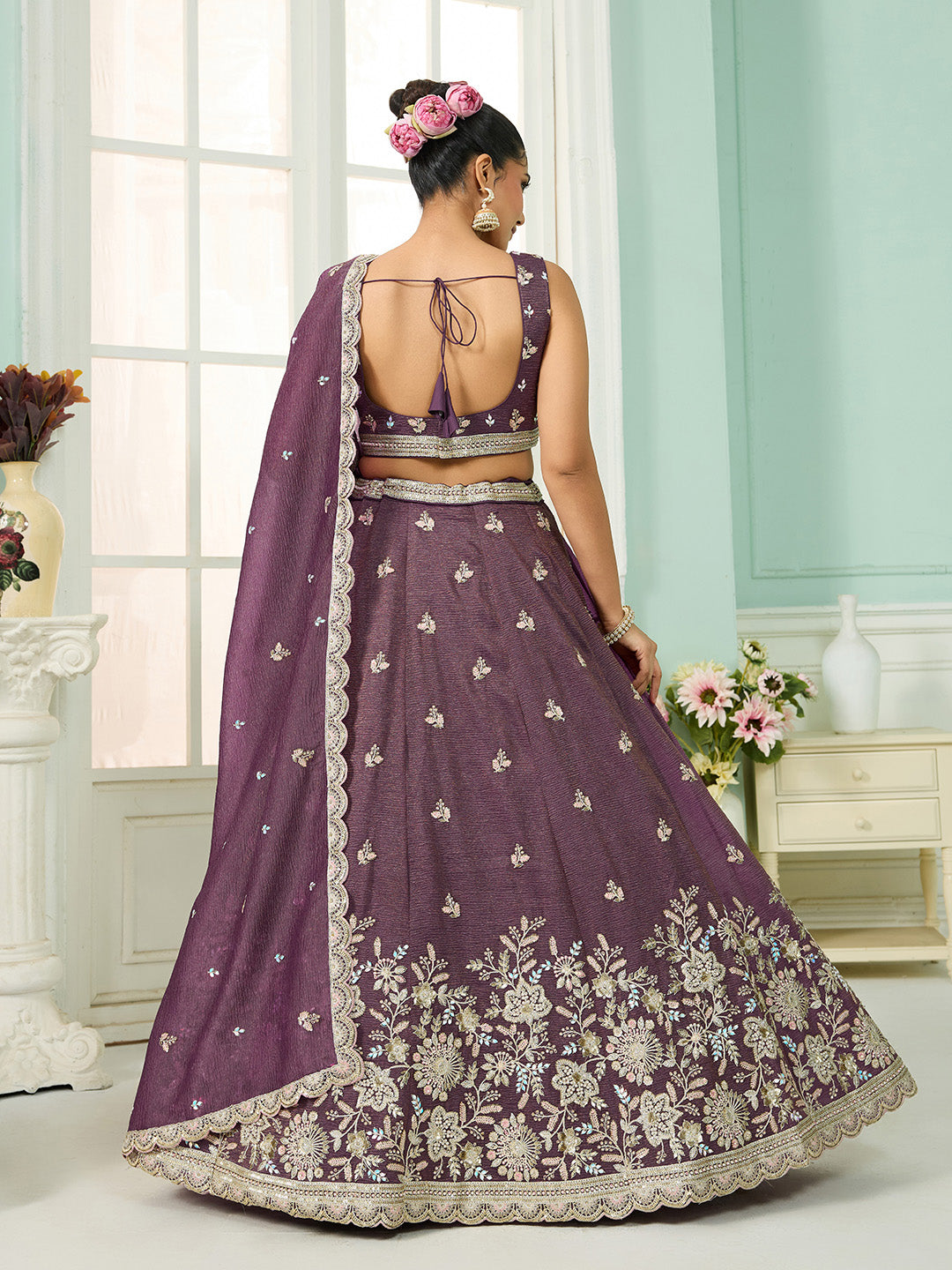 Purple Tissue Lehenga Choli with Sequins, Stones & Thread Embroidery – Full-Flared Semi-Stitched Lehenga with Dupatta