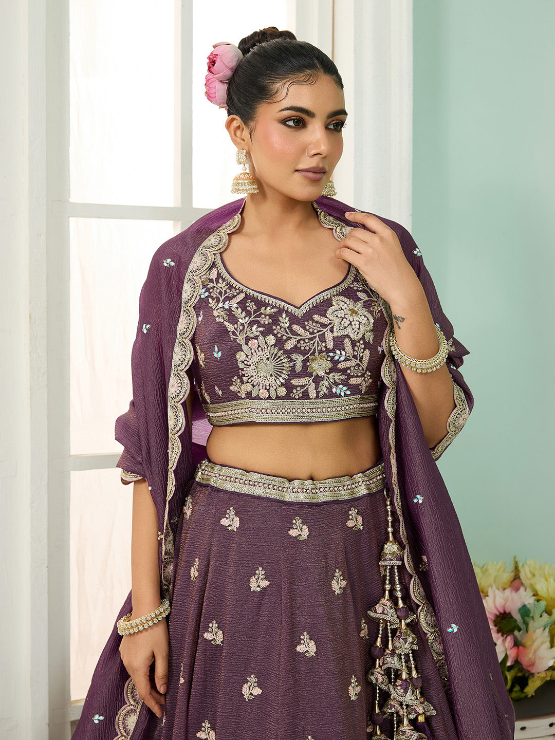Purple Tissue Lehenga Choli with Sequins, Stones & Thread Embroidery – Full-Flared Semi-Stitched Lehenga with Dupatta