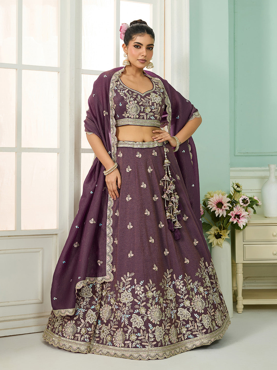 Purple Tissue Lehenga Choli with Sequins, Stones & Thread Embroidery – Full-Flared Semi-Stitched Lehenga with Dupatta