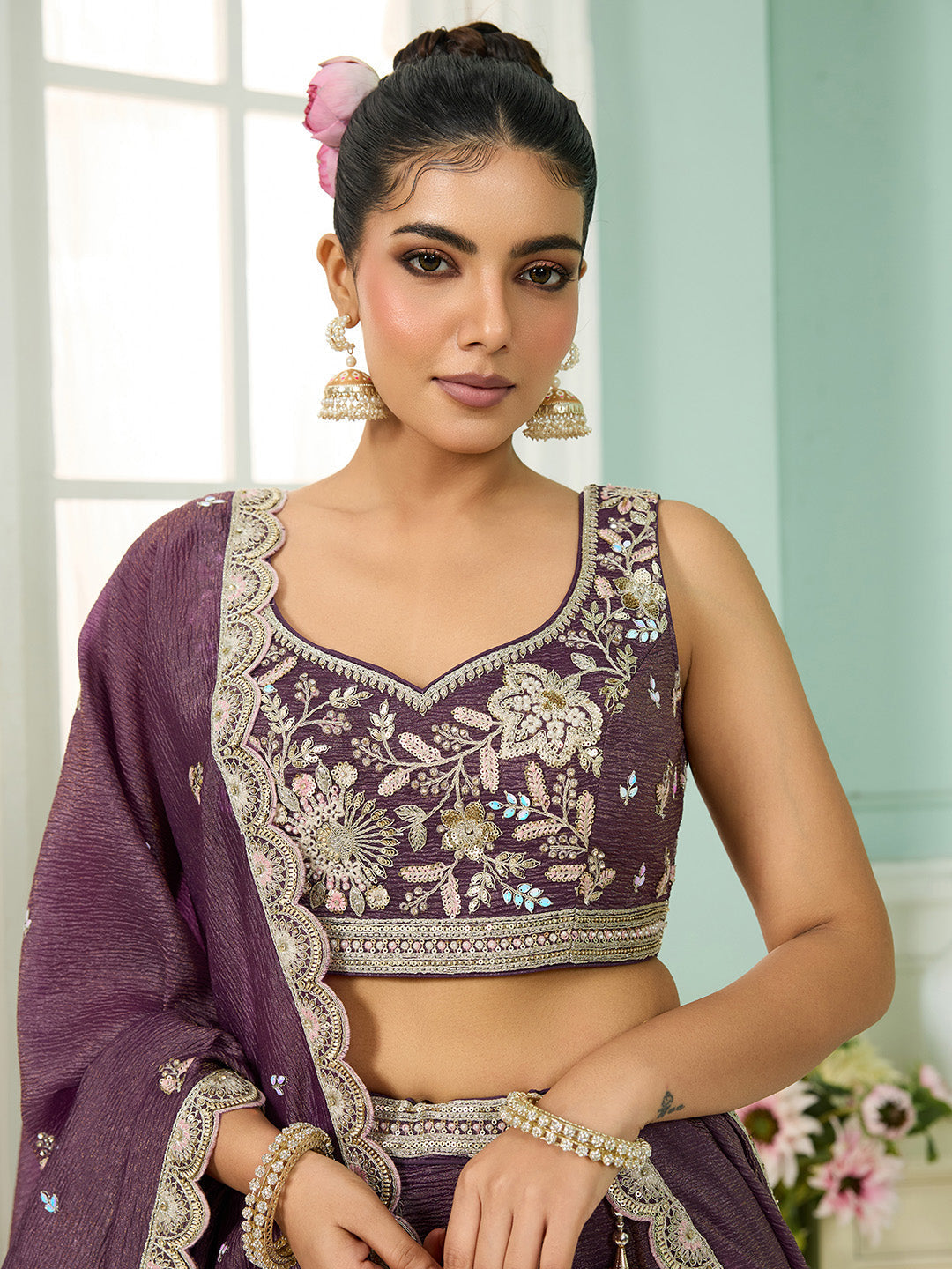 Purple Tissue Lehenga Choli with Sequins, Stones & Thread Embroidery – Full-Flared Semi-Stitched Lehenga with Dupatta