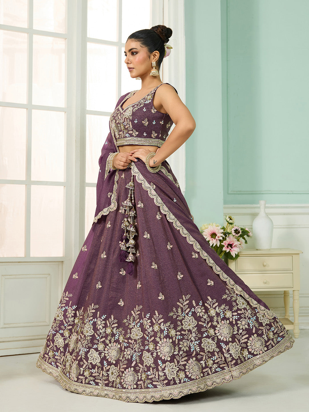 Purple Tissue Lehenga Choli with Sequins, Stones & Thread Embroidery – Full-Flared Semi-Stitched Lehenga with Dupatta