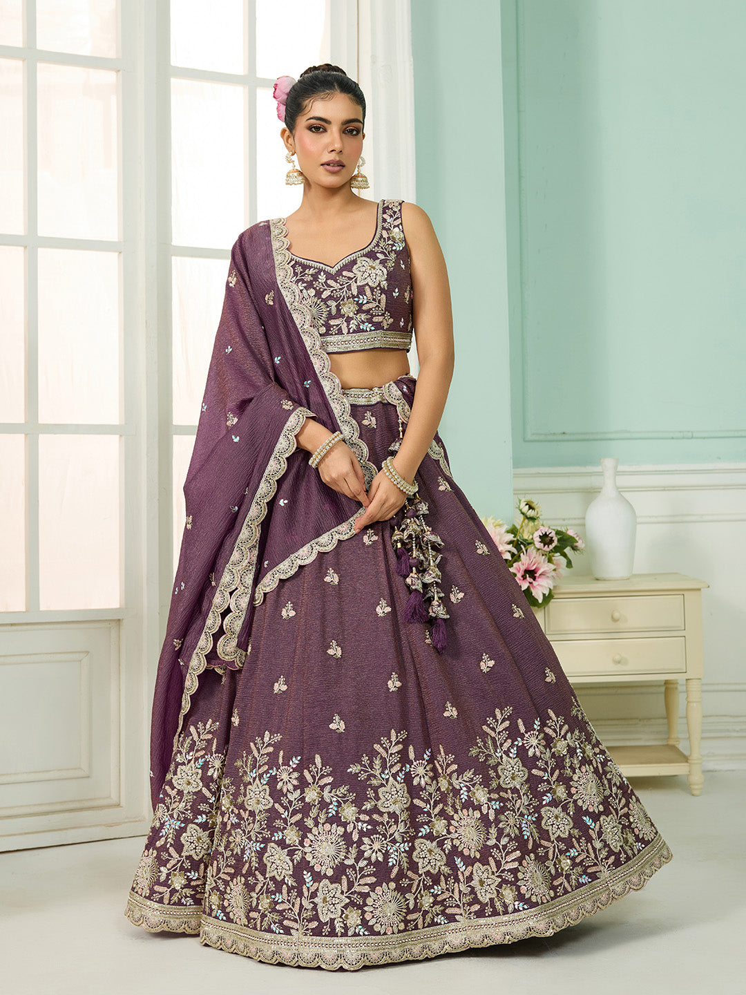 Purple Tissue Lehenga Choli with Sequins, Stones & Thread Embroidery – Full-Flared Semi-Stitched Lehenga with Dupatta