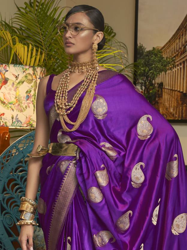 Purple Traditional Baluchari Silk Blend Saree with Unstitched Blouse Piece