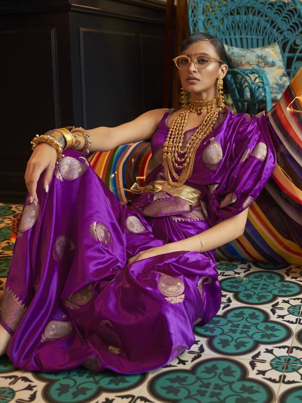 Purple Traditional Baluchari Silk Blend Saree with Unstitched Blouse Piece