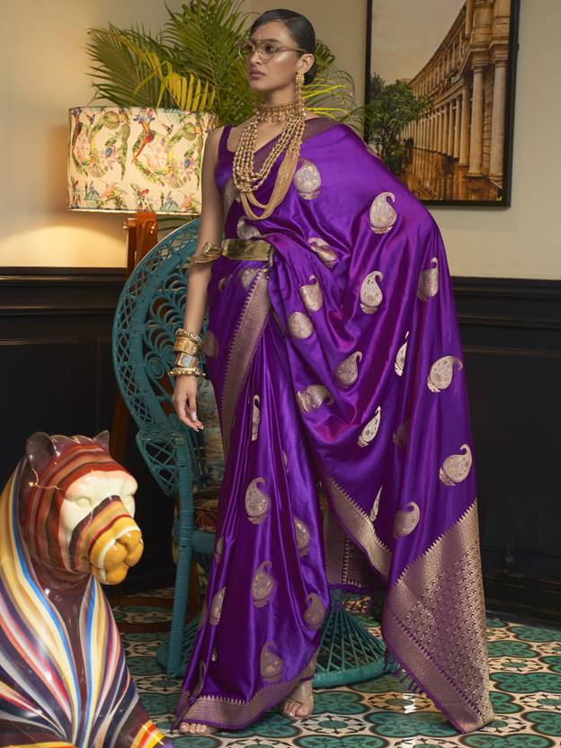 Purple Traditional Baluchari Silk Blend Saree with Unstitched Blouse Piece