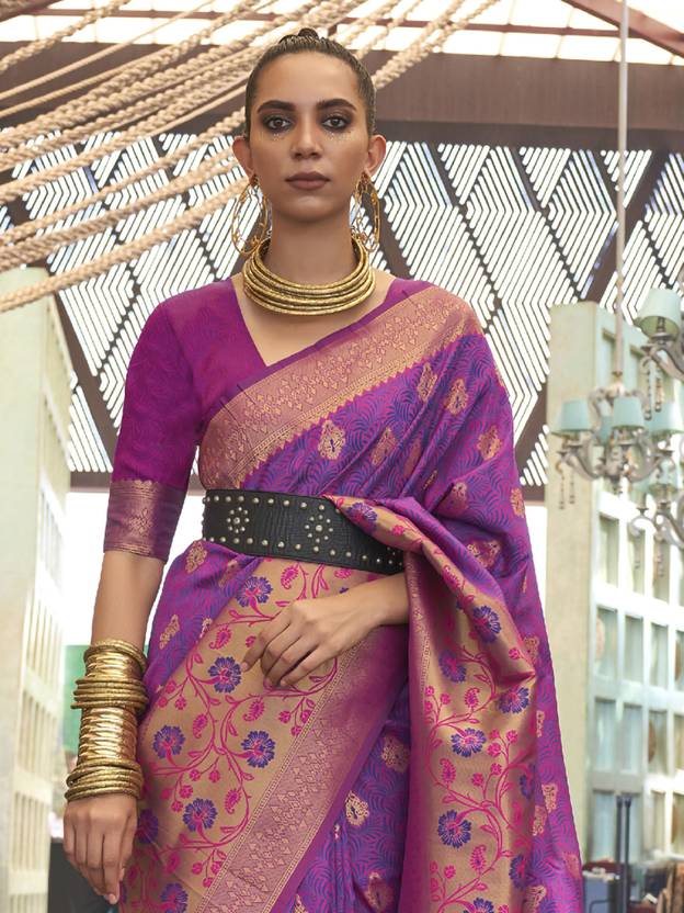 Purple Traditional Banarasi Silk Blend Saree with Unstitched Blouse Piece