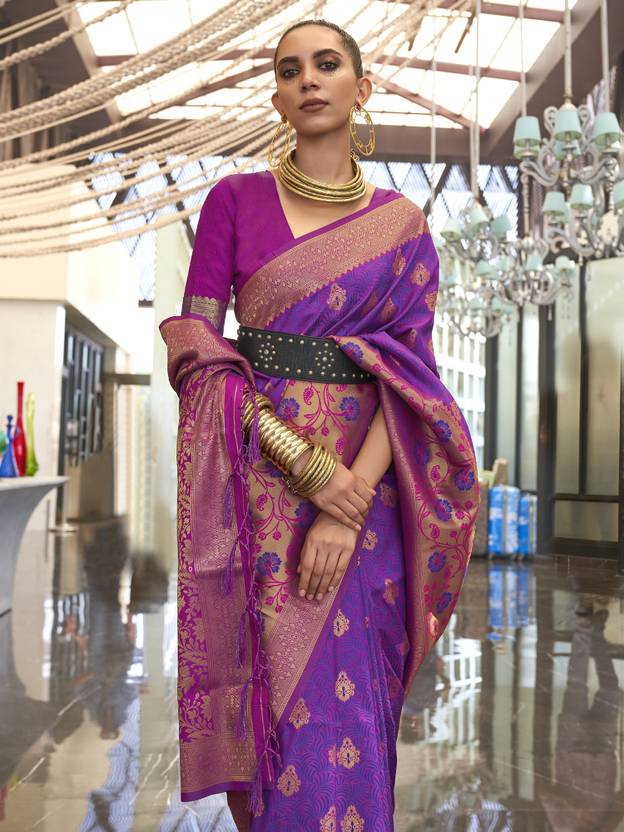 Purple Traditional Banarasi Silk Blend Saree with Unstitched Blouse Piece