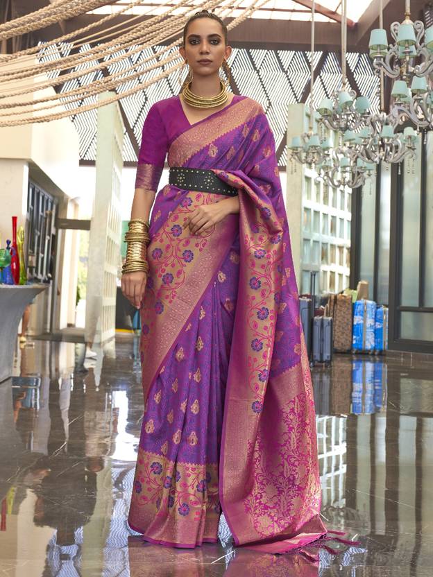 Purple Traditional Banarasi Silk Blend Saree with Unstitched Blouse Piece