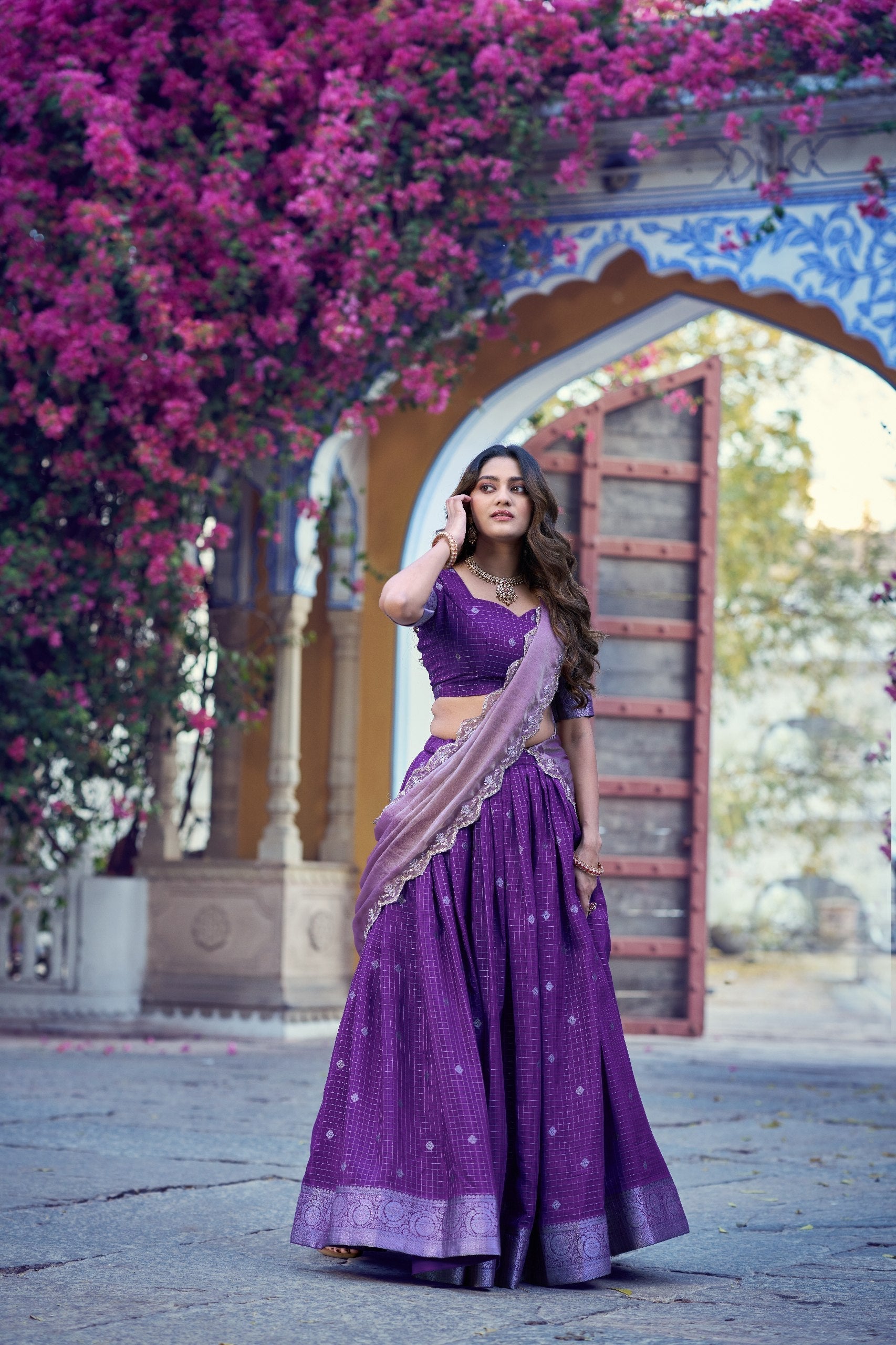 Purple Traditional Festive Checks Lehenga Set