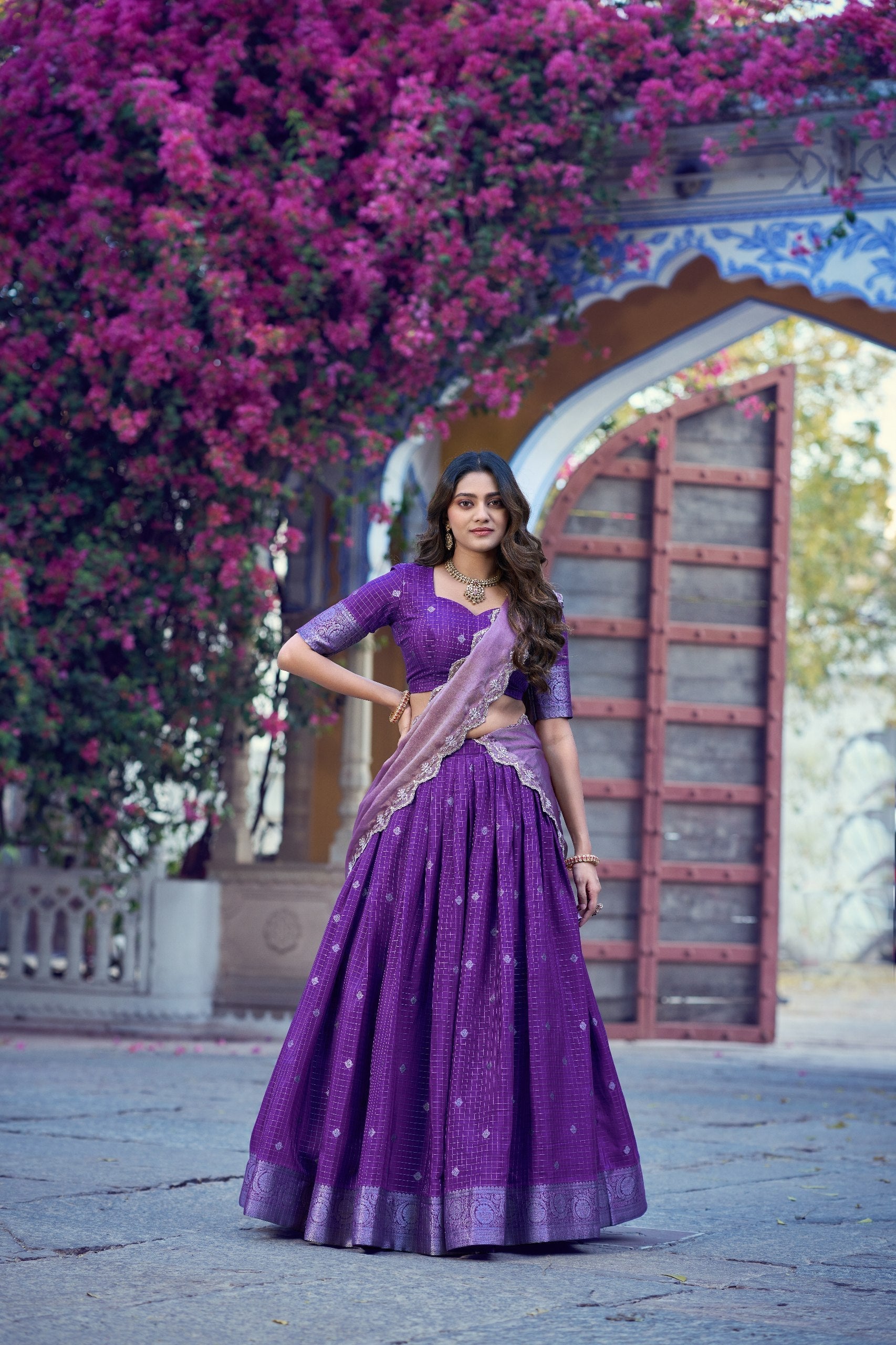 Purple Traditional Festive Checks Lehenga Set