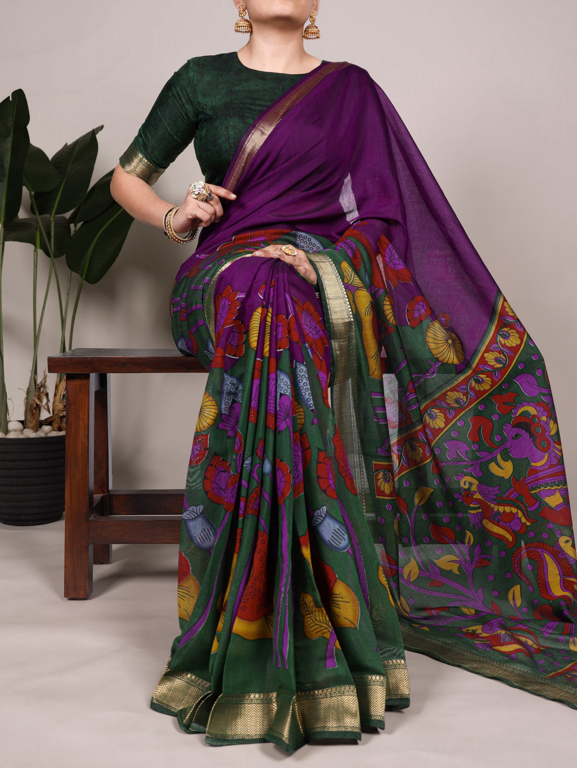 Purple Traditional Floral Printed Chanderi Saree with Zari Weaving Work