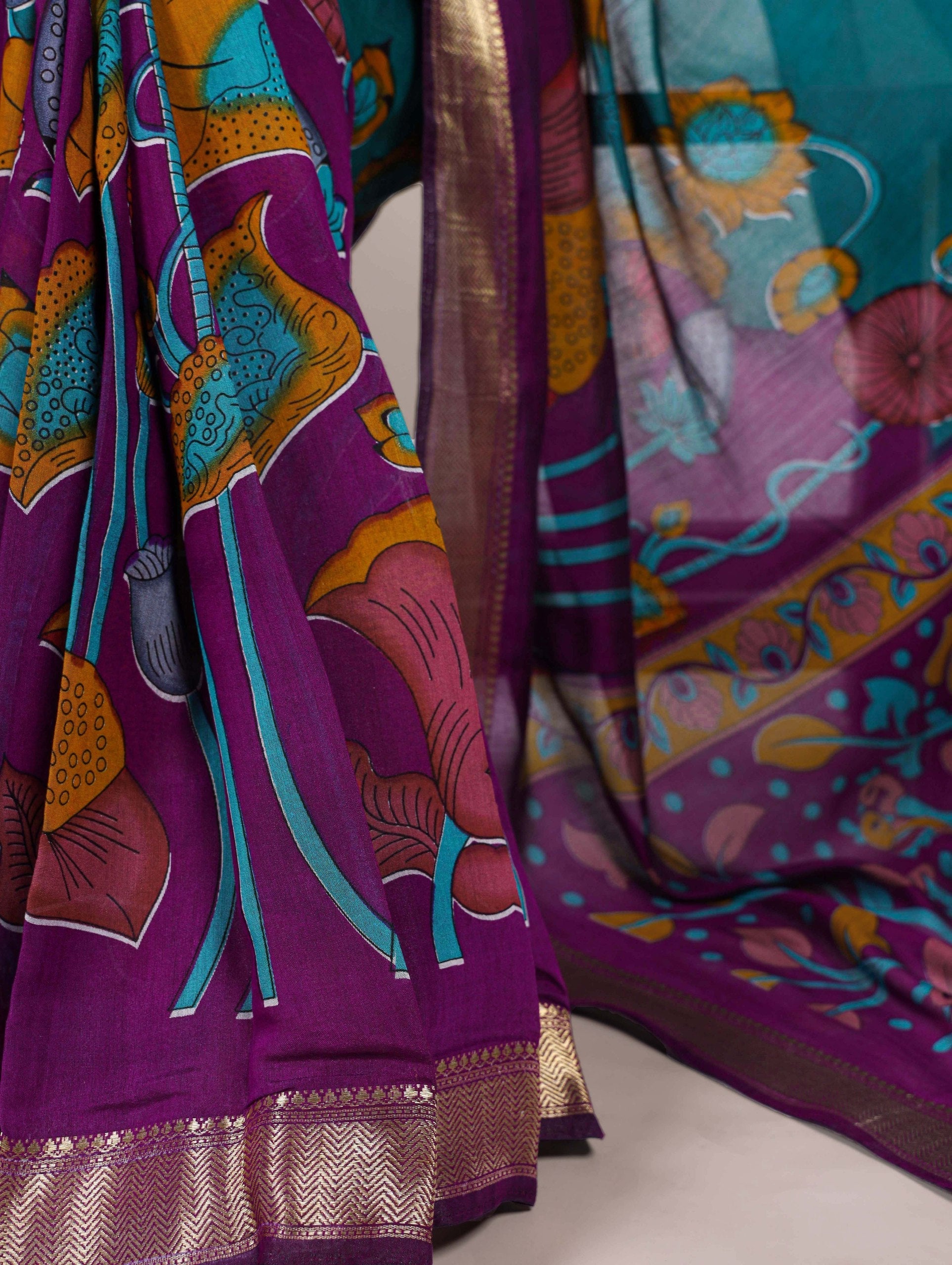 Purple Traditional Floral Printed Chanderi Saree with Zari Weaving Work