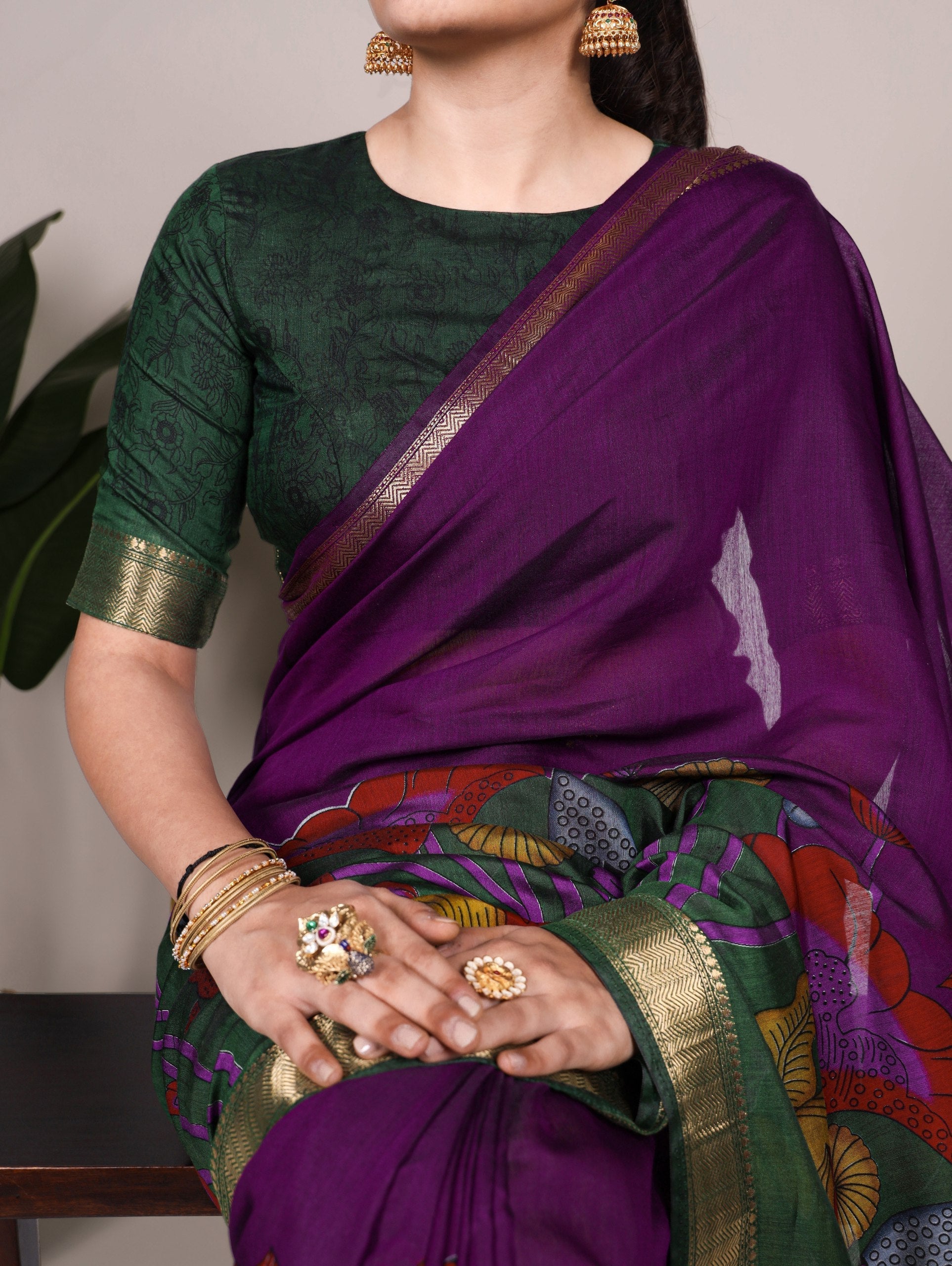 Purple Traditional Floral Printed Chanderi Saree with Zari Weaving Work