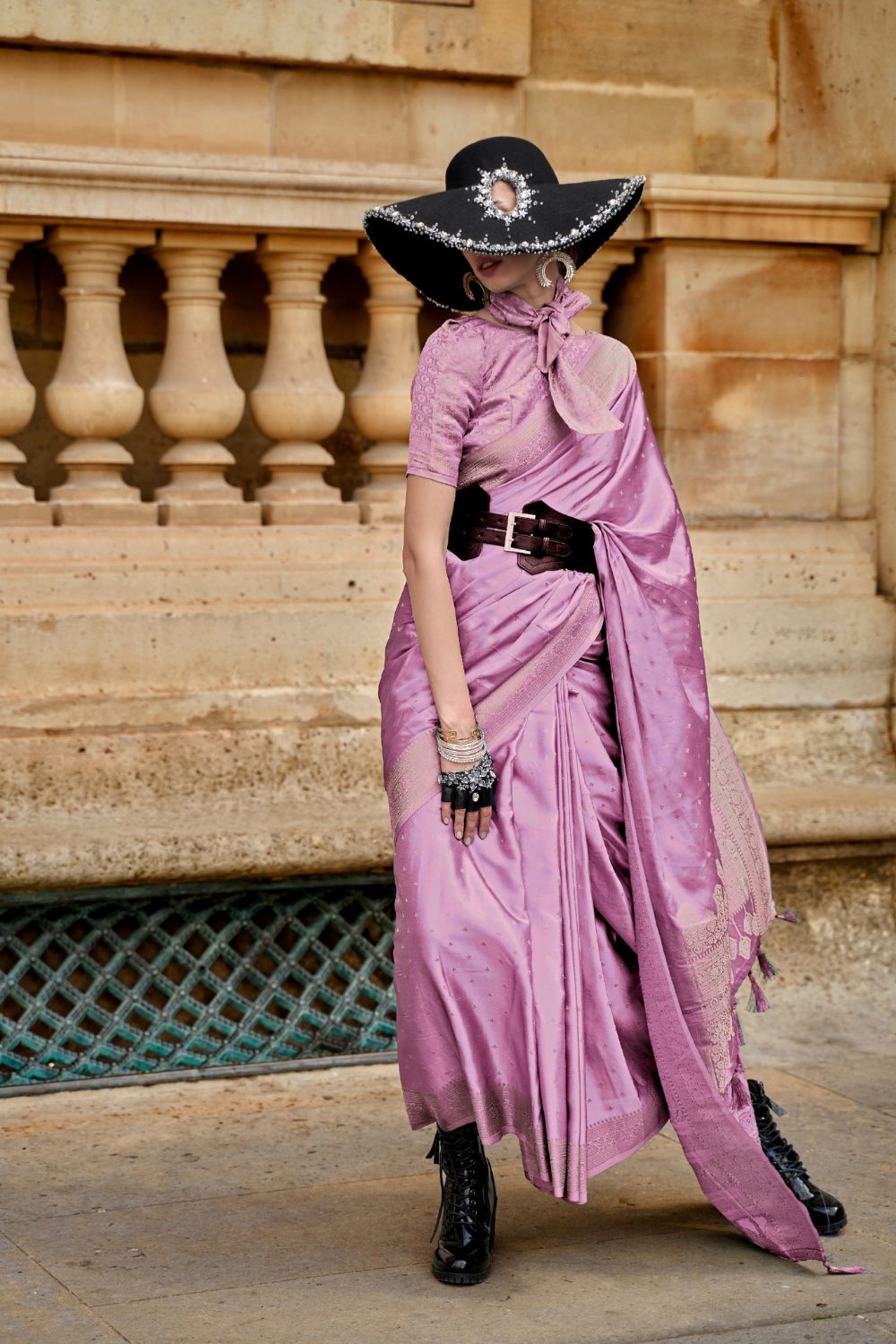 Purple Traditional Woven Satin Silk Blend Saree with Blouse Piece – Festive & Partywear