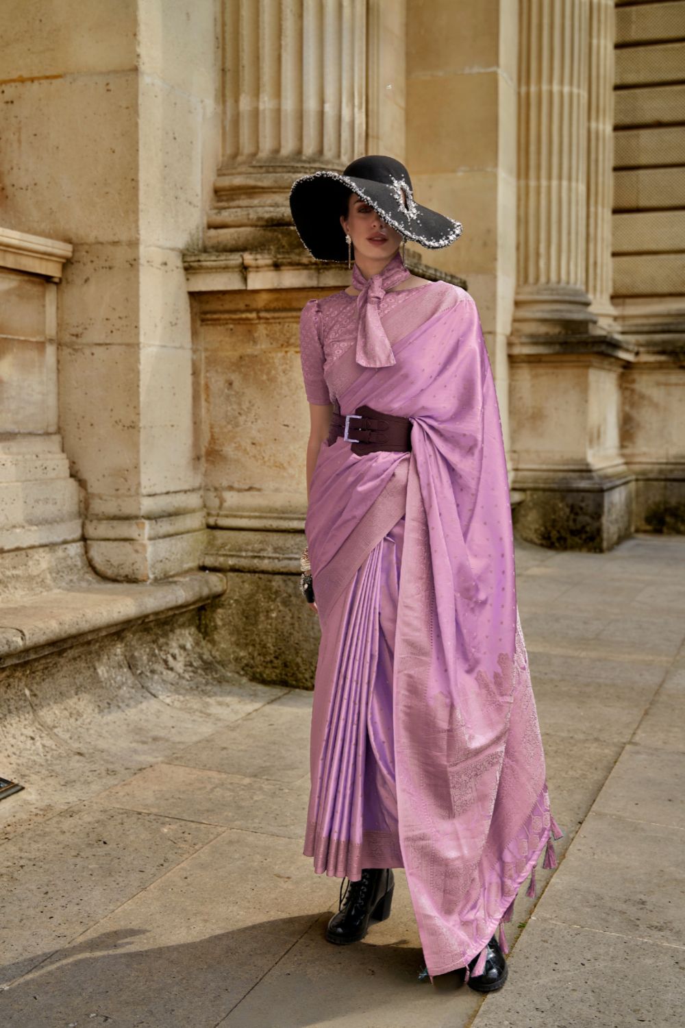 Purple Traditional Woven Satin Silk Blend Saree with Blouse Piece – Festive & Partywear