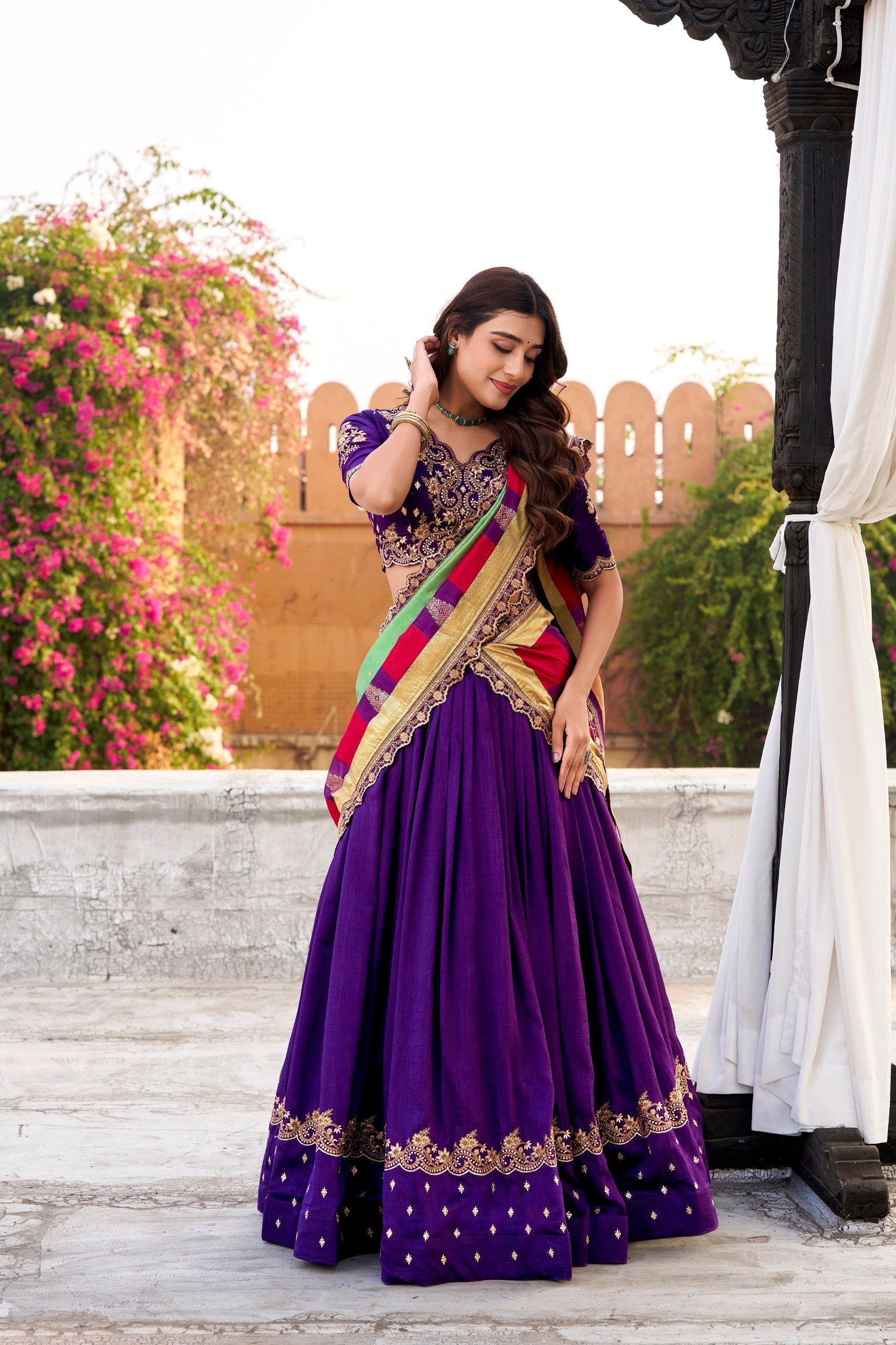 Purple Vichitra Silk Embroidered Lehenga Set