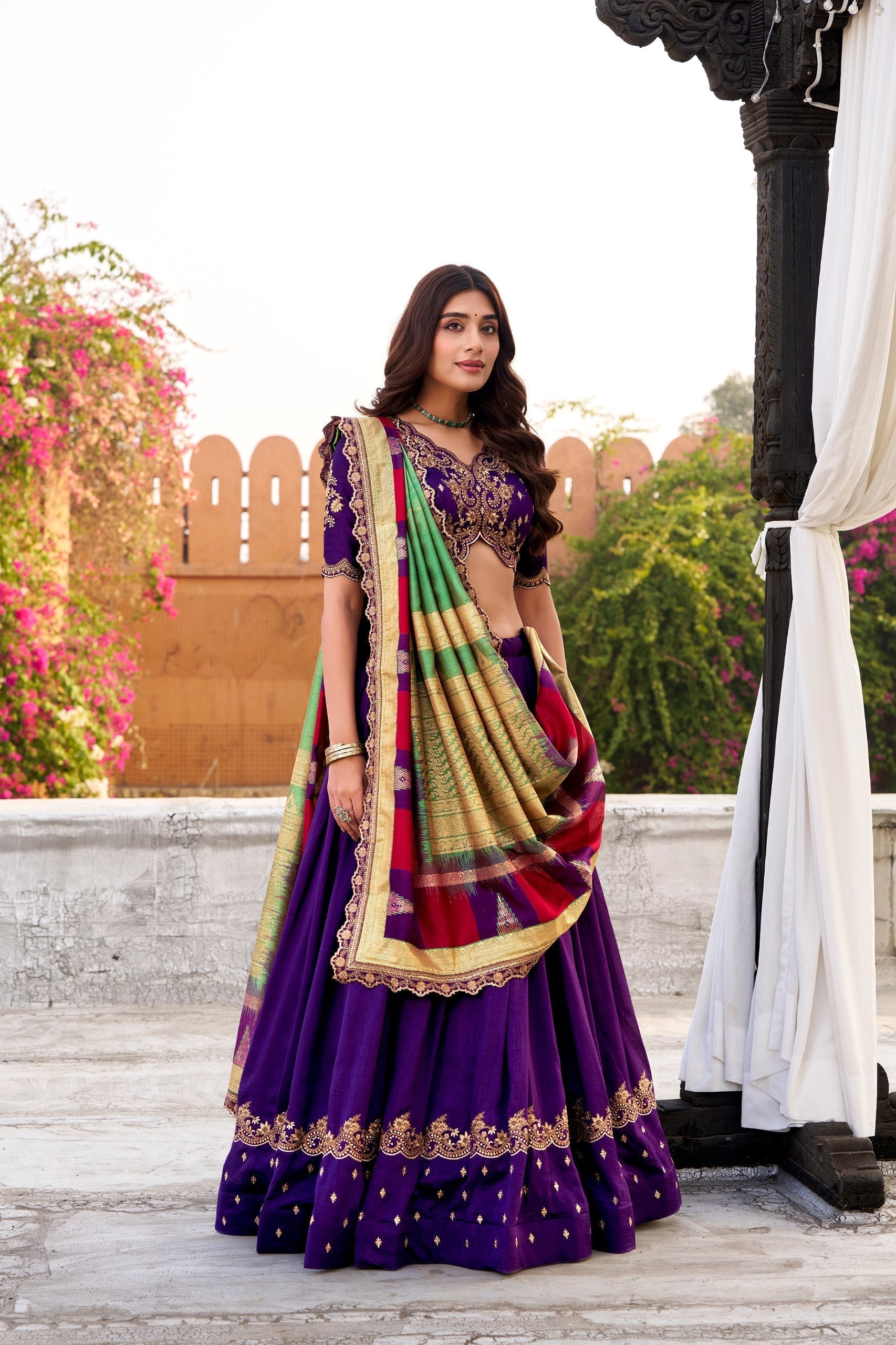 Purple Vichitra Silk Embroidered Lehenga Set